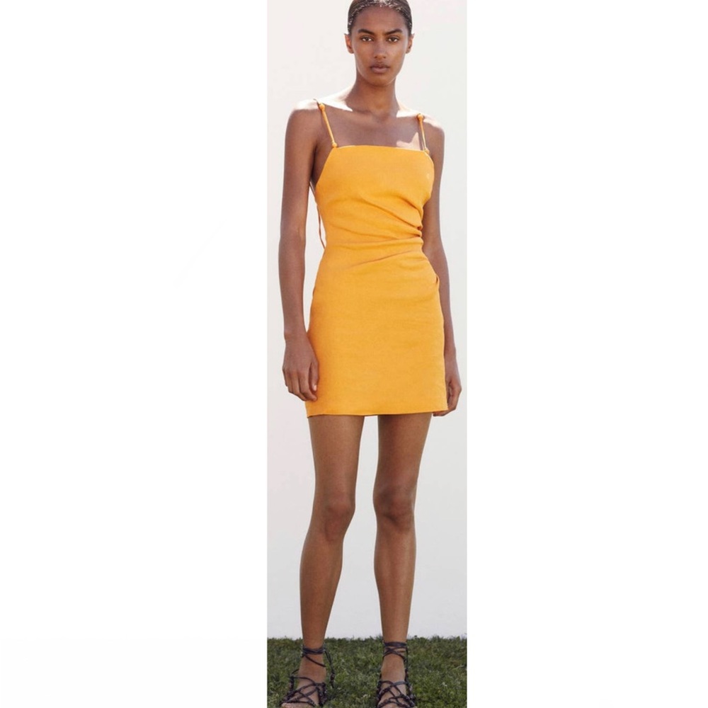 ZARA Linen Blend Draped Mini Dress Tangerine Size XS - Picture 2 of 13